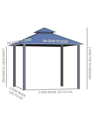 Outsunny 3x3m Polycarbonate Hardtop Gazebo with 2-Tier Roof, Mosquito Netting, Curtains, Grey