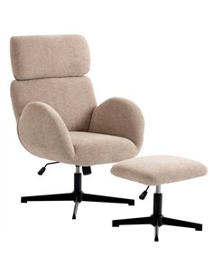 HOMCOM Swivel Armchair and Footstool Set, Height Adjustable Accent Chair with Adjustable Headrest, Rocking Function, Light Brown