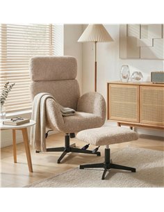 HOMCOM Swivel Armchair and Footstool Set, Height Adjustable Accent Chair with Adjustable Headrest, Rocking Function, Light Brown 2