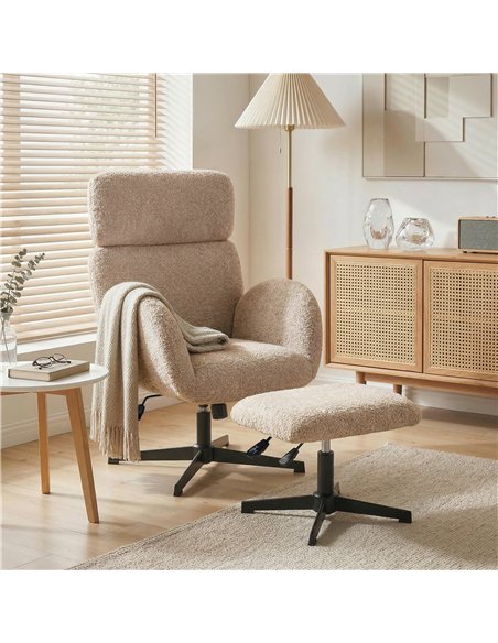 HOMCOM Swivel Armchair and Footstool Set, Height Adjustable Accent Chair with Adjustable Headrest, Rocking Function, Light Brown - pic 190535 | FastDaddyshop