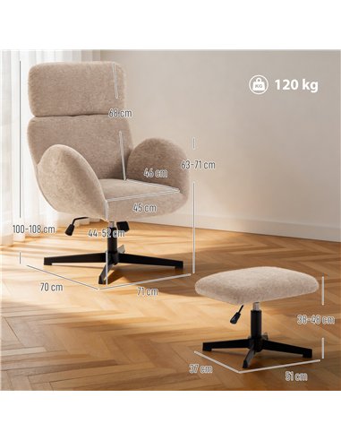 HOMCOM Swivel Armchair and Footstool Set, Height Adjustable Accent Chair with Adjustable Headrest, Rocking Function, Light Brown