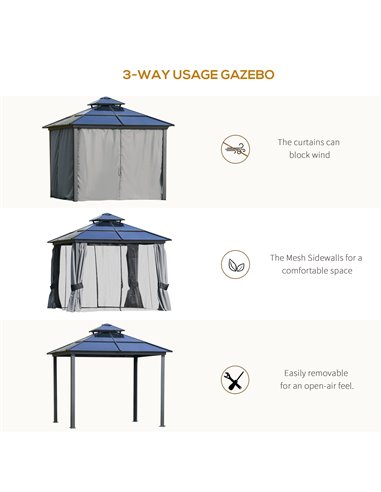 Outsunny 3x3m Polycarbonate Hardtop Gazebo with 2-Tier Roof, Mosquito Netting, Curtains, Grey