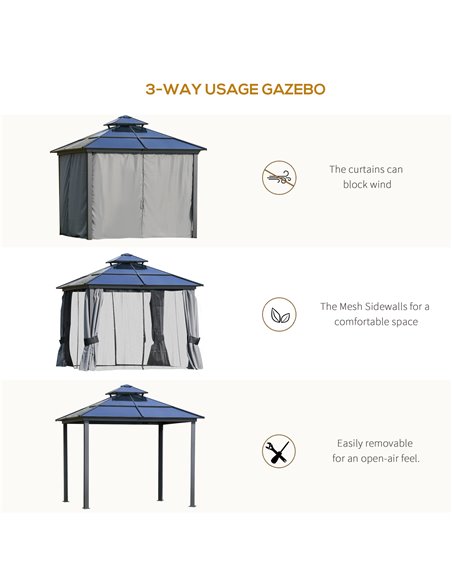 Outsunny 3x3m Polycarbonate Hardtop Gazebo with 2-Tier Roof, Mosquito Netting, Curtains, Grey - pic 19054 | FastDaddyshop