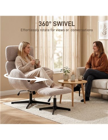 HOMCOM Swivel Armchair and Footstool Set, Height Adjustable Accent Chair with Adjustable Headrest, Rocking Function, Light Brown