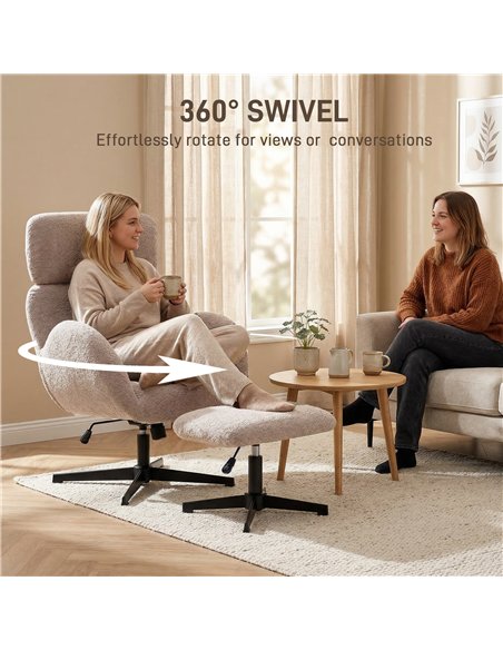 HOMCOM Swivel Armchair and Footstool Set, Height Adjustable Accent Chair with Adjustable Headrest, Rocking Function, Light Brown - pic 190540 | FastDaddyshop