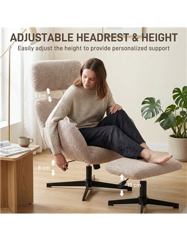 HOMCOM Swivel Armchair and Footstool Set, Height Adjustable Accent Chair with Adjustable Headrest, Rocking Function, Light Brown