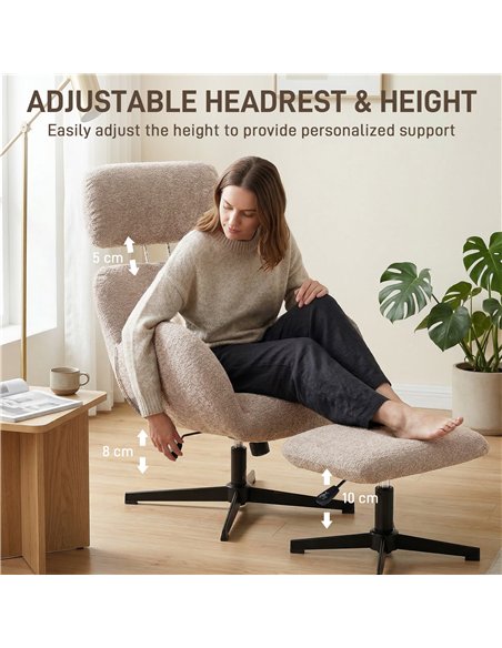 HOMCOM Swivel Armchair and Footstool Set, Height Adjustable Accent Chair with Adjustable Headrest, Rocking Function, Light Brown - pic 190542 | FastDaddyshop