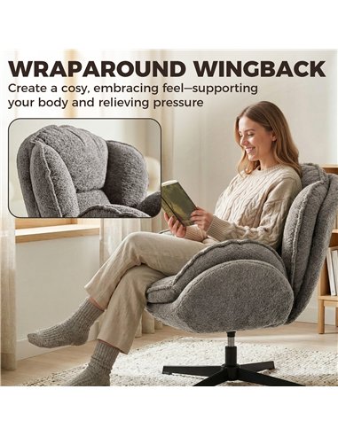 HOMCOM Modern Wingback Accent Chair, Velvet Armchair with Four-Star Base, S-Springs, Swivel, Grey