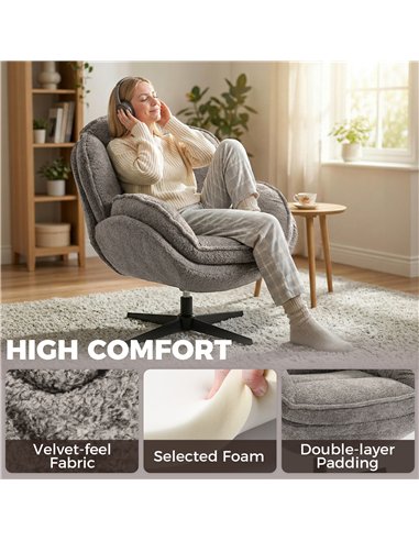 HOMCOM Modern Wingback Accent Chair, Velvet Armchair with Four-Star Base, S-Springs, Swivel, Grey