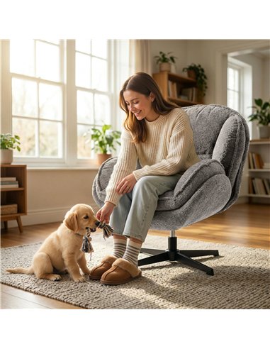 HOMCOM Modern Wingback Accent Chair, Velvet Armchair with Four-Star Base, S-Springs, Swivel, Grey