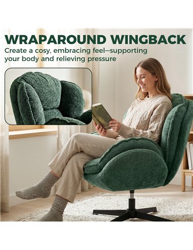 HOMCOM Modern Wingback Accent Chair, Velvet Armchair with Four-Star Base, S-Springs, Swivel, Dark Green