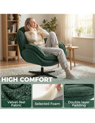 HOMCOM Modern Wingback Accent Chair, Velvet Armchair with Four-Star Base, S-Springs, Swivel, Dark Green
