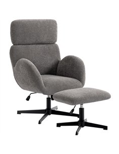 HOMCOM Swivel Armchair and Footstool Set, Height Adjustable Accent Chair with Adjustable Headrest, Rocking Function, Grey