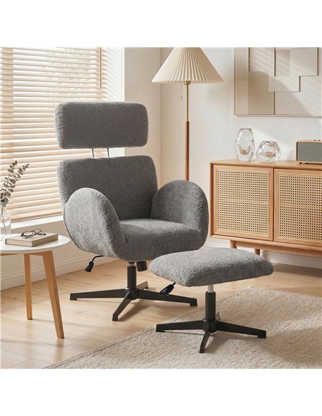 HOMCOM Swivel Armchair and Footstool Set, Height Adjustable Accent Chair with Adjustable Headrest, Rocking Function, Grey - pic 190562 | FastDaddyshop