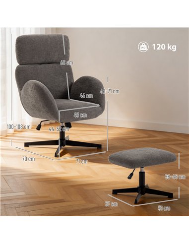 HOMCOM Swivel Armchair and Footstool Set, Height Adjustable Accent Chair with Adjustable Headrest, Rocking Function, Grey