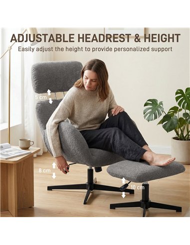HOMCOM Swivel Armchair and Footstool Set, Height Adjustable Accent Chair with Adjustable Headrest, Rocking Function, Grey