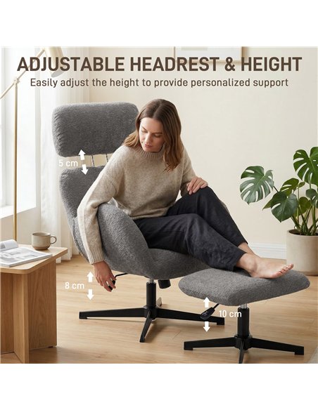 HOMCOM Swivel Armchair and Footstool Set, Height Adjustable Accent Chair with Adjustable Headrest, Rocking Function, Grey - pic 190564 | FastDaddyshop