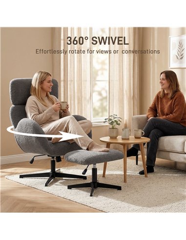 HOMCOM Swivel Armchair and Footstool Set, Height Adjustable Accent Chair with Adjustable Headrest, Rocking Function, Grey