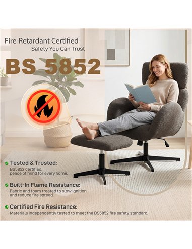 HOMCOM Swivel Armchair and Footstool Set, Height Adjustable Accent Chair with Adjustable Headrest, Rocking Function, Grey