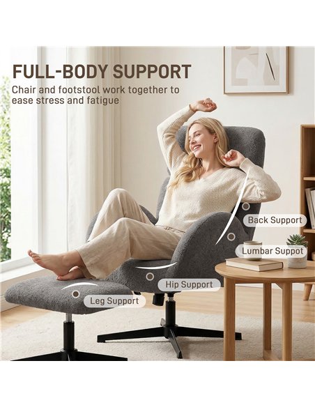HOMCOM Swivel Armchair and Footstool Set, Height Adjustable Accent Chair with Adjustable Headrest, Rocking Function, Grey - pic 190569 | FastDaddyshop