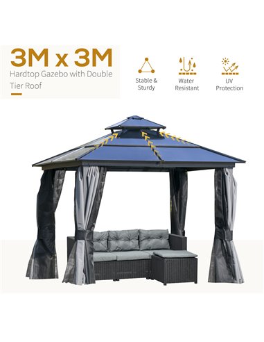 Outsunny 3x3m Polycarbonate Hardtop Gazebo with 2-Tier Roof, Mosquito Netting, Curtains, Grey