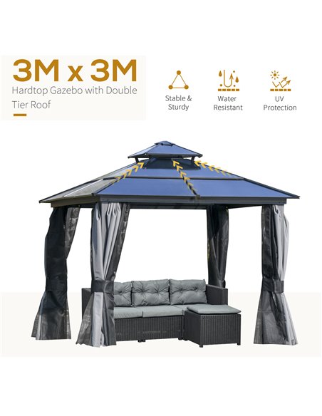 Outsunny 3x3m Polycarbonate Hardtop Gazebo with 2-Tier Roof, Mosquito Netting, Curtains, Grey - pic 19057 | FastDaddyshop