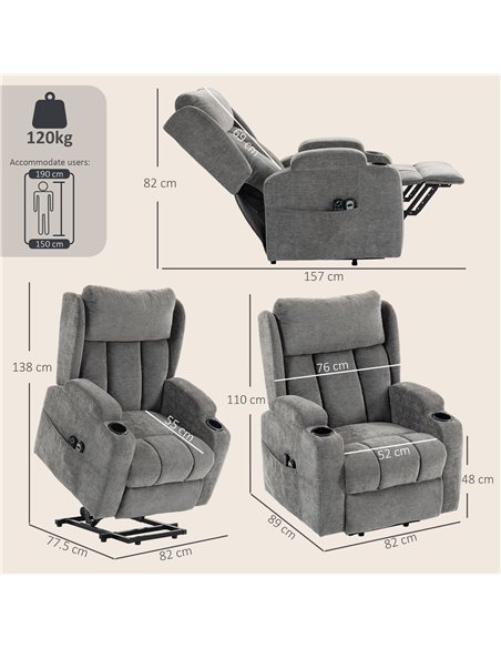 HOMCOM Power Lift Recliner Chair with Vibration Massage and Heat, Chenille Riser and Recliner Armchair for Elderly, Grey - pic 190590 | FastDaddyshop
