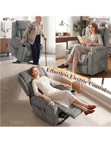 HOMCOM Power Lift Recliner Chair with Vibration Massage and Heat, Chenille Riser and Recliner Armchair for Elderly, Grey
