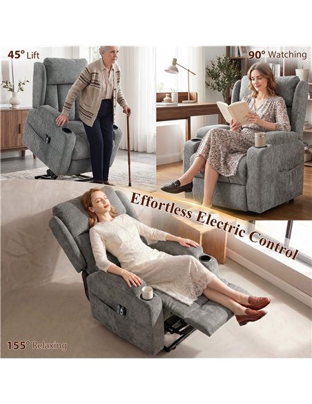 HOMCOM Power Lift Recliner Chair with Vibration Massage and Heat, Chenille Riser and Recliner Armchair for Elderly, Grey - pic 190593 | FastDaddyshop