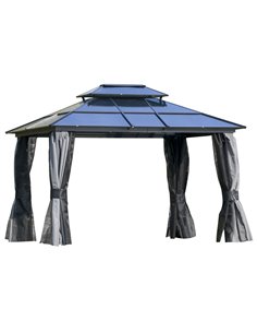 Outsunny 3.6x3m Polycarbonate Hardtop Gazebo with 2-Tier Roof, Mosquito Netting, Curtains, Grey