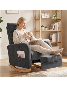 HOMCOM Upholstered Rocking Chair Retractable Footrest Rocker Chair High Back for Living Room Grey 2