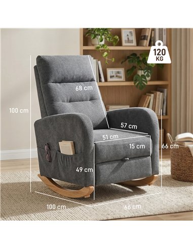 HOMCOM Upholstered Rocking Chair Retractable Footrest Rocker Chair High Back for Living Room Grey