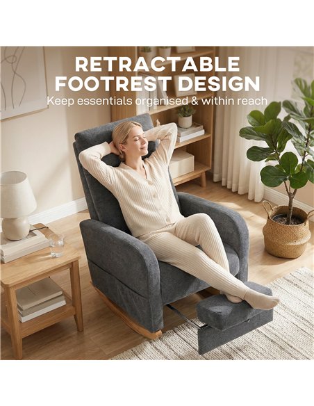 HOMCOM Upholstered Rocking Chair Retractable Footrest Rocker Chair High Back for Living Room Grey - pic 190609 | FastDaddyshop