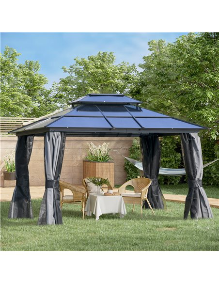 Outsunny 3.6x3m Polycarbonate Hardtop Gazebo with 2-Tier Roof, Mosquito Netting, Curtains, Grey - pic 19061 | FastDaddyshop