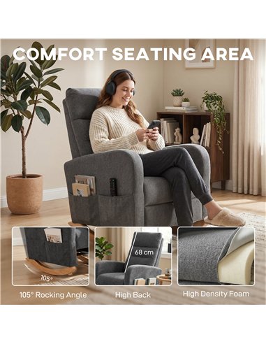HOMCOM Upholstered Rocking Chair Retractable Footrest Rocker Chair High Back for Living Room Grey