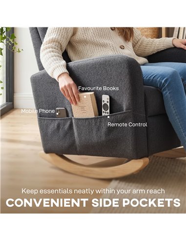 HOMCOM Upholstered Rocking Chair Retractable Footrest Rocker Chair High Back for Living Room Grey