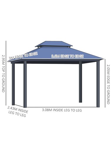 Outsunny 3.6x3m Polycarbonate Hardtop Gazebo with 2-Tier Roof, Mosquito Netting, Curtains, Grey