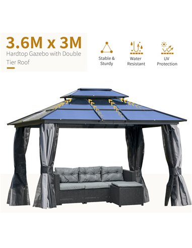 Outsunny 3.6x3m Polycarbonate Hardtop Gazebo with 2-Tier Roof, Mosquito Netting, Curtains, Grey