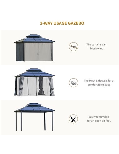Outsunny 3.6x3m Polycarbonate Hardtop Gazebo with 2-Tier Roof, Mosquito Netting, Curtains, Grey