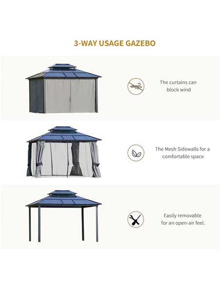 Outsunny 3.6x3m Polycarbonate Hardtop Gazebo with 2-Tier Roof, Mosquito Netting, Curtains, Grey - pic 19064 | FastDaddyshop