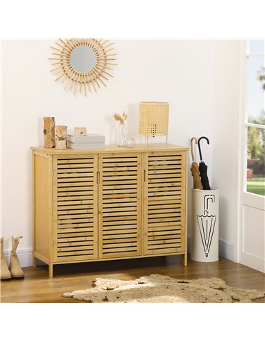 HOMCOM Rustic Shoe Cabinet, 3 Door Shoe Storage Cabinet with 8 Shelves, Natural Wood Finish