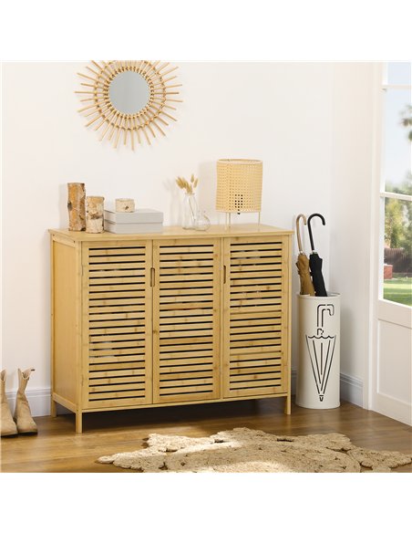 HOMCOM Rustic Shoe Cabinet, 3 Door Shoe Storage Cabinet with 8 Shelves, Natural Wood Finish - pic 190661 | FastDaddyshop