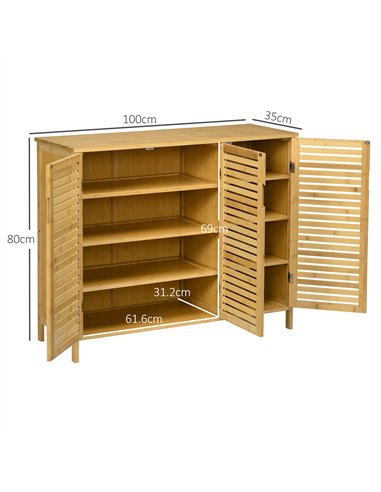 HOMCOM Rustic Shoe Cabinet, 3 Door Shoe Storage Cabinet with 8 Shelves, Natural Wood Finish
