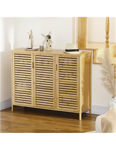 HOMCOM Rustic Shoe Cabinet, 3 Door Shoe Storage Cabinet with 8 Shelves, Natural Wood Finish