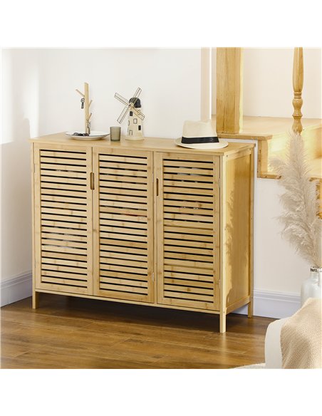 HOMCOM Rustic Shoe Cabinet, 3 Door Shoe Storage Cabinet with 8 Shelves, Natural Wood Finish - pic 190666 | FastDaddyshop