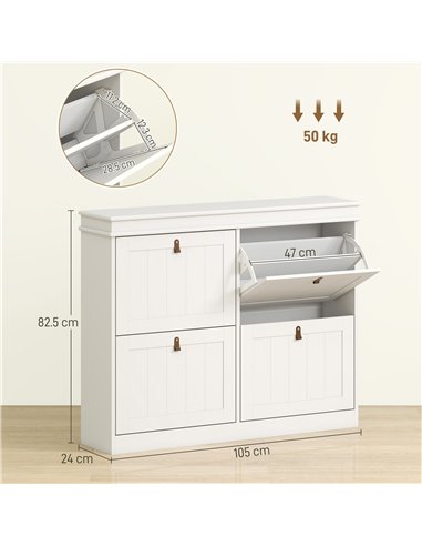 HOMCOM Slim Shoe Cabinet, Shoe Cabinet with 4 Drop-Down Drawers, 105W x 24D x 82.5H cm,  White