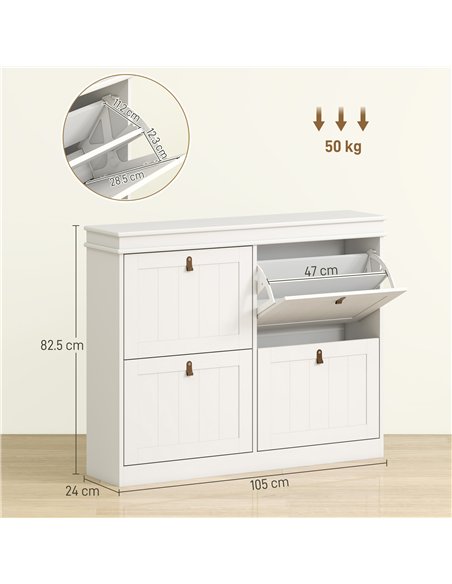 HOMCOM Slim Shoe Cabinet, Shoe Cabinet with 4 Drop-Down Drawers, 105W x 24D x 82.5H cm,  White - pic 190671 | FastDaddyshop