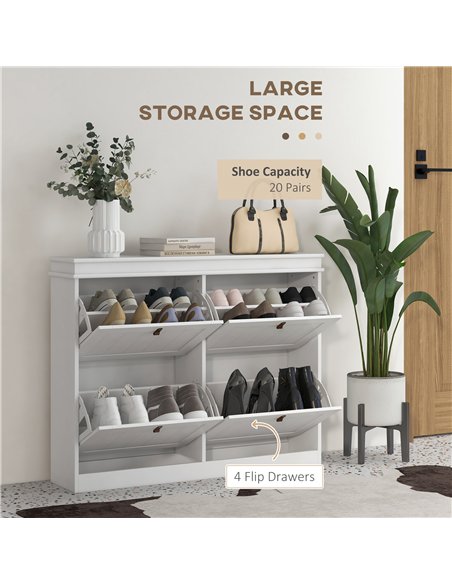 HOMCOM Slim Shoe Cabinet, Shoe Cabinet with 4 Drop-Down Drawers, 105W x 24D x 82.5H cm,  White - pic 190672 | FastDaddyshop