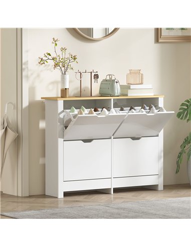 HOMCOM Slim Shoe Cabinet, Narrow Shoe Cupboard with 4 Flip Drawers, Adjustable Shelves for 16 Pairs of Shoes, White