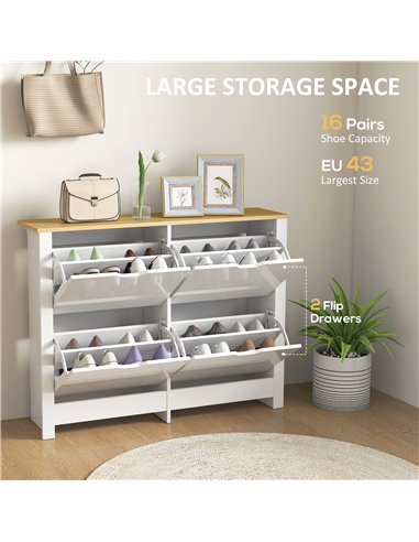 HOMCOM Slim Shoe Cabinet, Narrow Shoe Cupboard with 4 Flip Drawers, Adjustable Shelves for 16 Pairs of Shoes, White